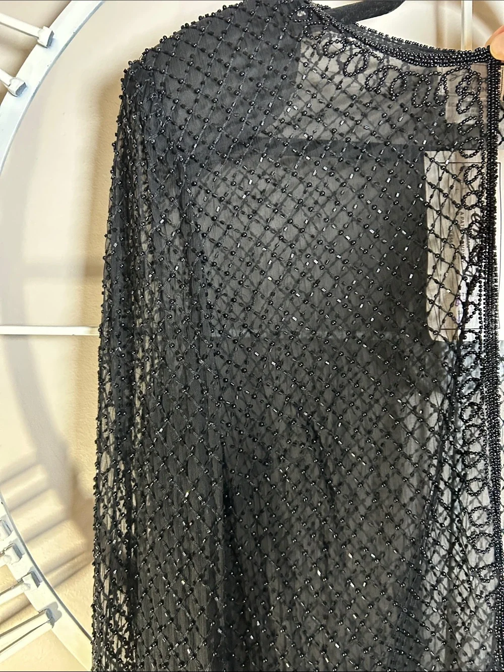 Vintage Stenay 100% Silk Black Beaded Sheer Open-Front Cardigan Duster Jacket